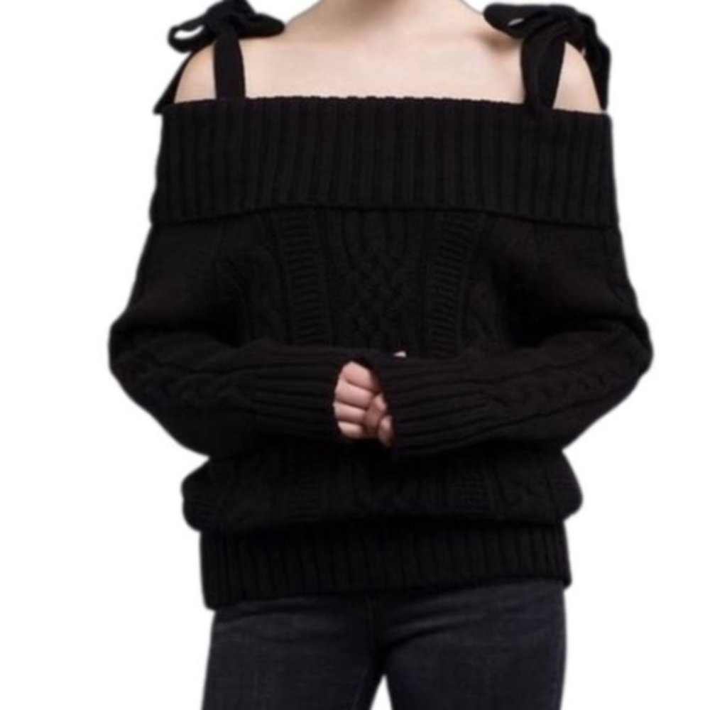 J.O.A. Black Off the Shoulder Tied Straps Chunky Cable Knit Sweater